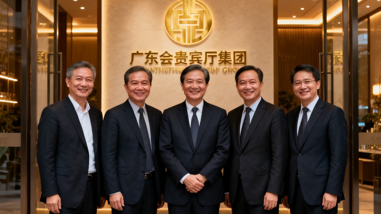 广东会贵宾厅集团五位创始人在公司十周年庆典上的合影照片，背景是集团旗舰展厅的入口处，五人面带微笑站成一排，身着深色正装，身后可见集团标志性的金色Logo墙面和柔和的暖色灯光。