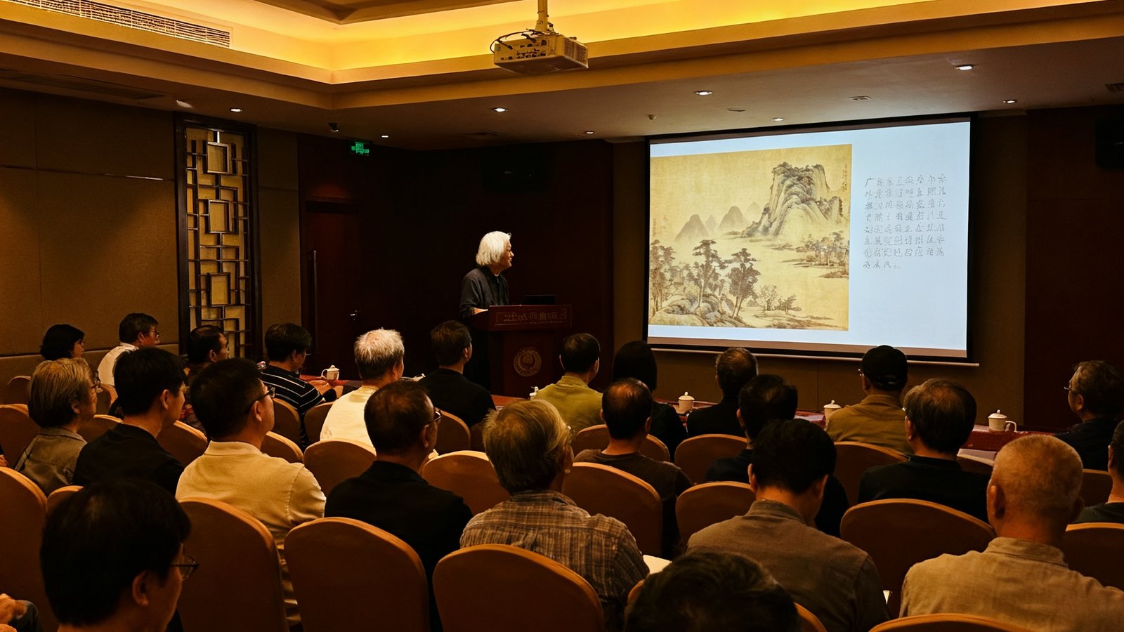 广东会贵宾厅举办的收藏方法论学术讲座现场照片，可容纳40人的报告厅几乎座无虚席，讲台上一位白发学者正在通过投影屏幕讲解一幅宋代山水画的鉴定要点，观众席中有人认真做着笔记。