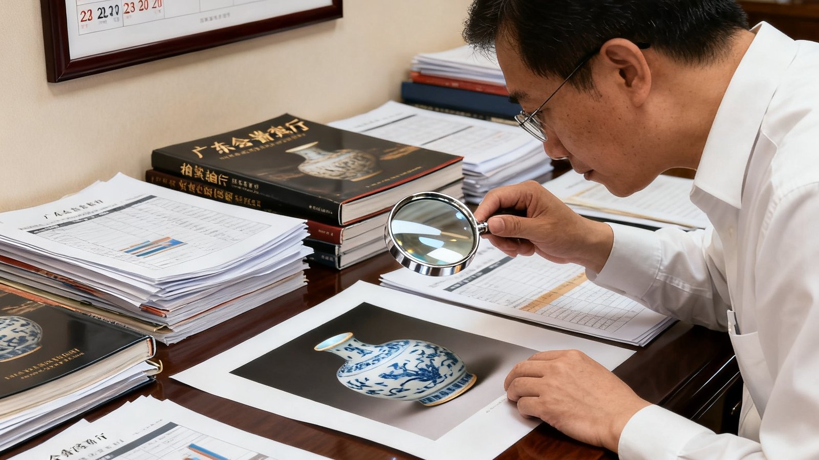 一张拍摄于广东会贵宾厅研究室的照片，桌面上铺满了各大拍卖行图录和数据分析报表，研究员正在用放大镜仔细查看一件明代瓷器的细节照片，墙面上挂着全球拍卖日程时间表。