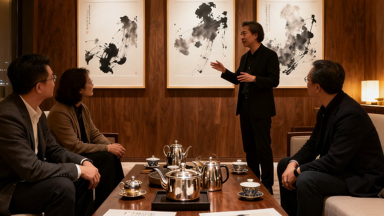 广东会贵宾厅私人沙龙场景照片，一间仅容纳六人的私密房间内，墙上悬挂着三幅当代水墨作品，茶几上摆放着精致的茶具和艺术画册，一位艺术顾问正在向两位藏家讲解作品的创作背景。